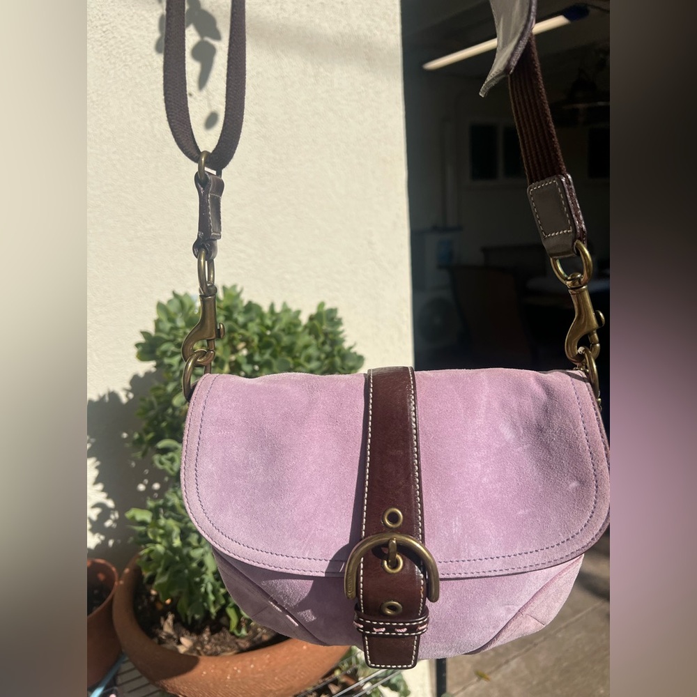 Coach Lavender Suede Crossbody with Brown Leather Trim